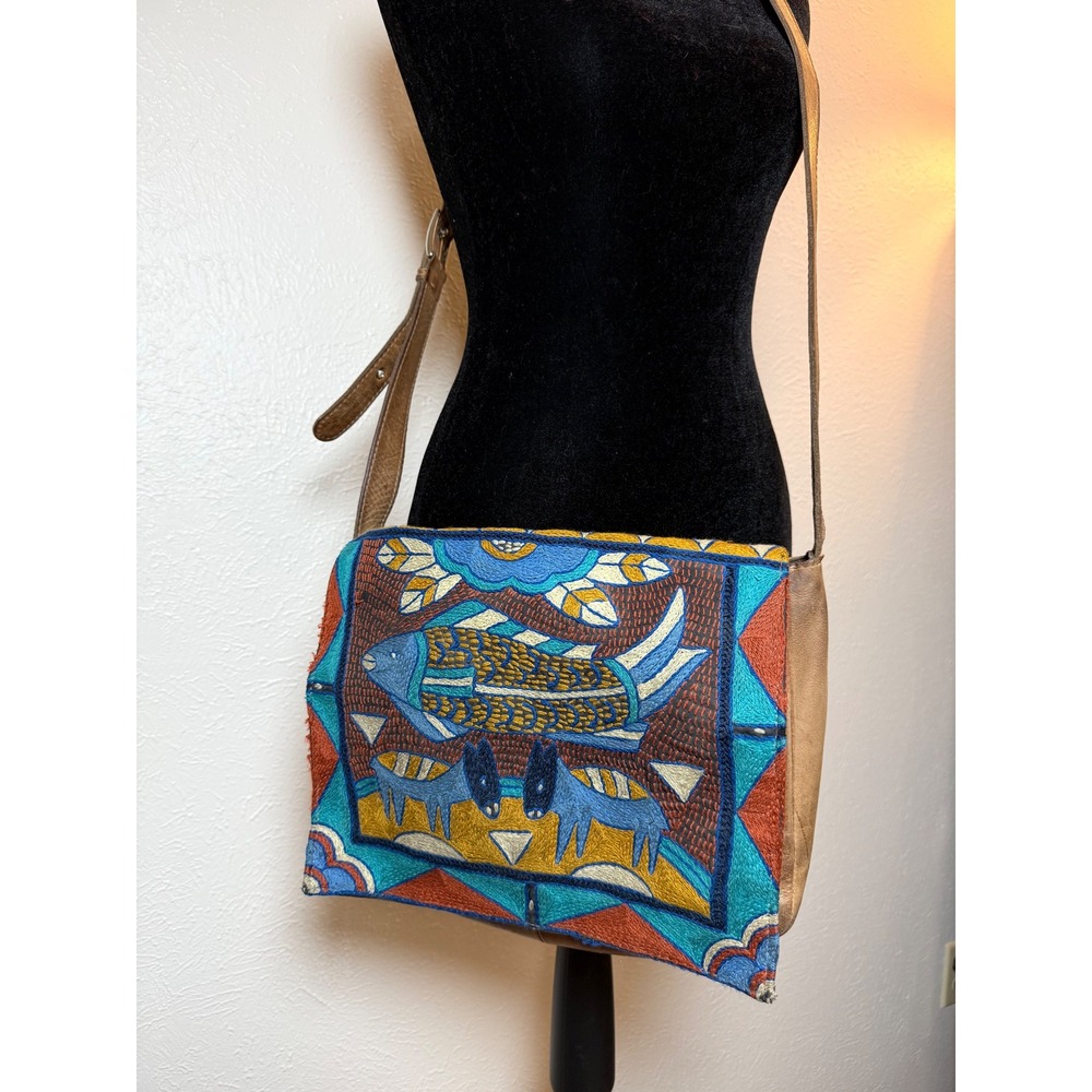 Artisan Hand Embroidered Leather Messenger Bag Fish Animal Boho Crossbody Brown